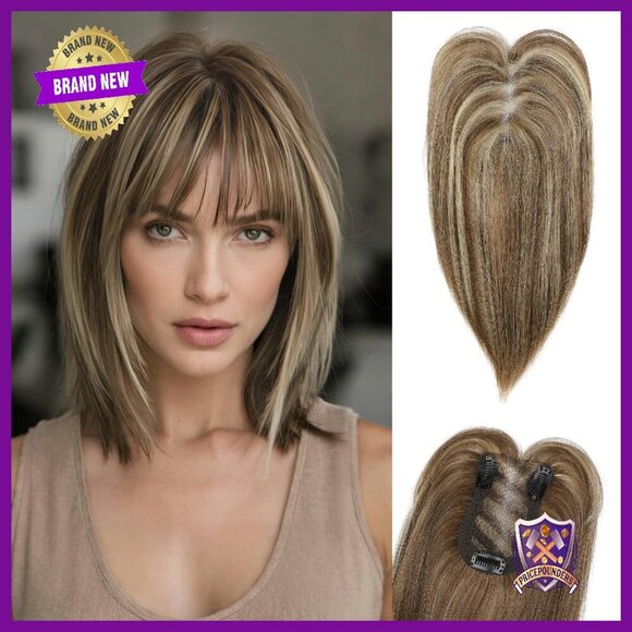 Real Human Hair Topper with Bangs 4x2.5in Lace Base for Thinning Hair main image 4